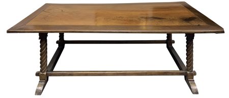 Tavolo fratino in legno di noce, quattro gambe a torchon con legacci...