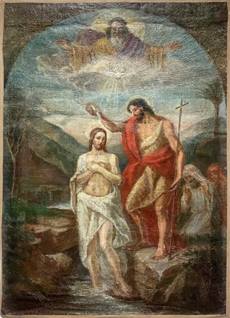 Dipinto ad olio su tela raffigurante il battesimo di Gesù, attribuito ad...