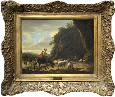 Dipinto ad olio su tela raffigurante contadina con armenti, attribuito ad...