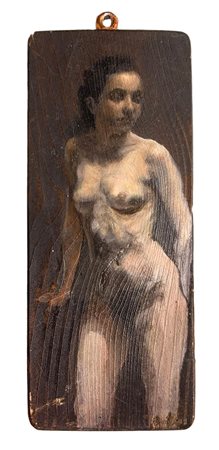 Dipinto ad olio su tavoletta raffigurante nudo di donna, XX secolo. Cm 19x8.