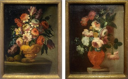 Coppia di dipinti ad olio su tela raffiguranti natura morta di fiori, pittore...