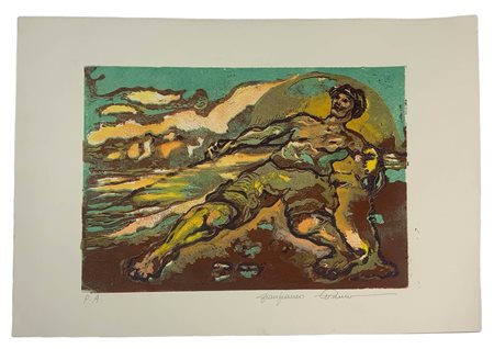 Xilografia a sette colori “Prova d’autore 1987” raffigurante figura maschile...