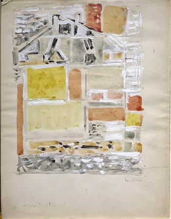 Dipinto a tecnica mista su carta raffigurante casa di Orfeo Tamburi...