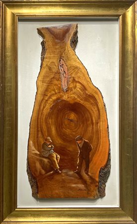 Dipinto ad olio su legno raffigurante personaggi. Titolo "Dialogo antico...