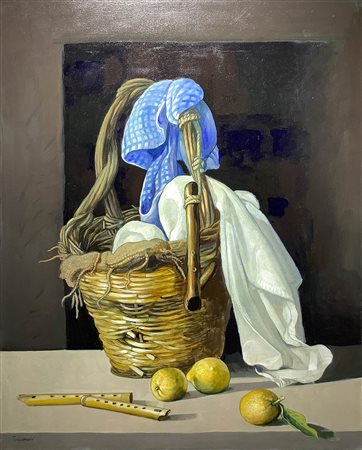 Saro Tricomi (Catania, 1937). La bottega di liutaio. 80x60, olio su tela....