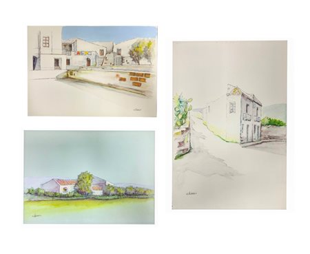 Gruppo di n.3 gouache raffiguranti paesaggi di case, firmato Lorenzo Chinnici...