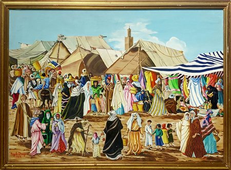 Dipinto naif ad olio su tela raffigurante mercato persiano di Drago Angelo...