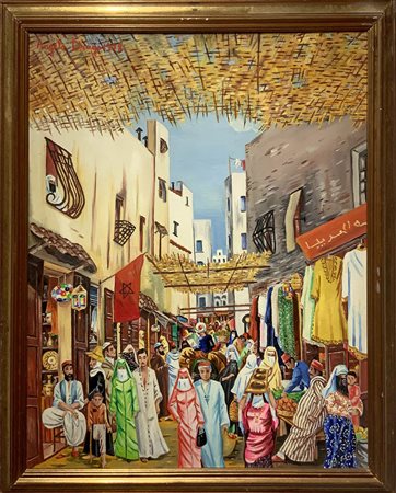 Dipinto naif ad olio su tela raffigurante mercato turco di Drago Angelo...