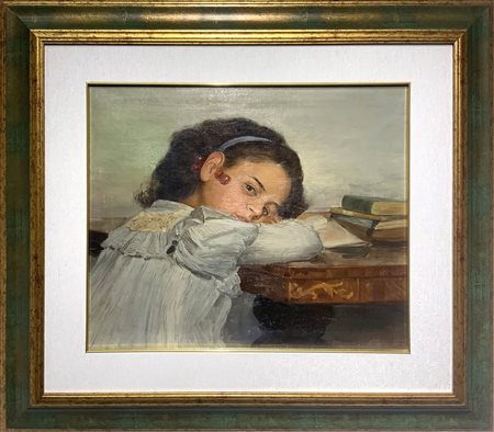 Dipinto ad olio su tela raffigurante bambina appoggiata sullo scrittoio, XX...
