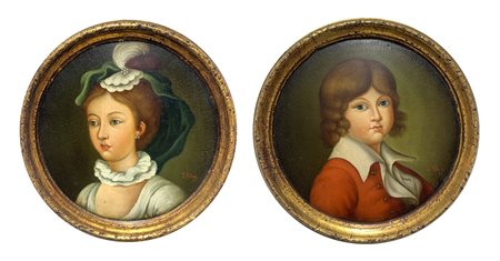 Coppia di dipinti ad olio su tavola raffiguranti volto di bambina e bambino,...