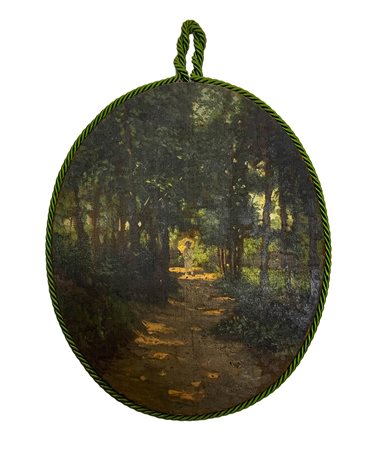 Dipinto ovale ad olio su tela raffigurante paesaggio boschivo con...
