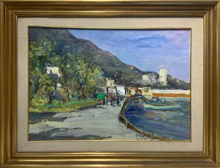 Dipinto raffigurante viale sul mare. Cm 48x69, olio su tela. Firmato in basso...
