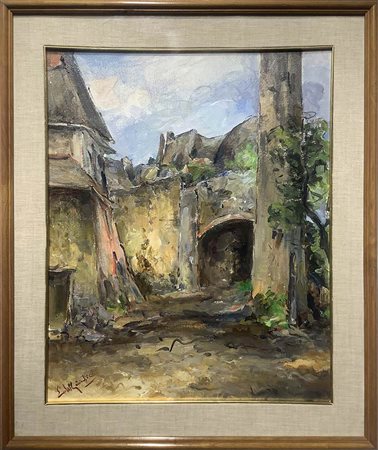 Dipinto raffigurante borgo di Elvira Del Giudice. Cm 54x44, olio su cartone...