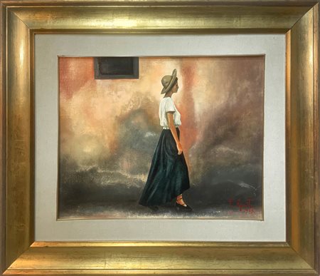 Dipinto raffigurante figura di donna con cappello, Francesco Esposito. Cm...