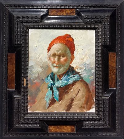 Dipinto ad olio su tela raffigurante uomo con cappuccio rosso di S. Punzi. Cm...