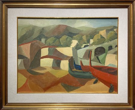 Dipinto ad olio su tela raffigurante barche a secco. Opera espressionistica...