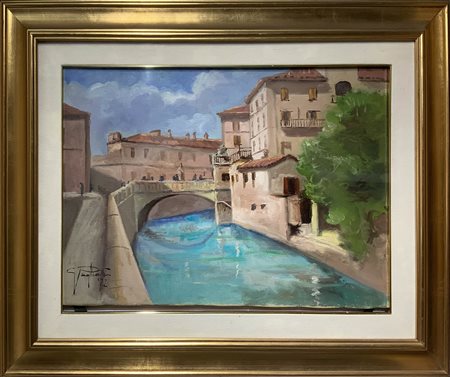 Dipinto ad olio su tela raffigurante paesaggio fluviale e ponte di porta...