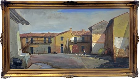 Dipinto ad olio su tela raffigurante case di campagna, Ruggero Pagnin...