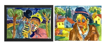 Coppia di disegni ad acquarello e tecnica mista su carta raffiguranti figure...