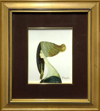 Dipinto ad olio su cartone raffigurante profilo di donna. Cm 25x20, firmato...