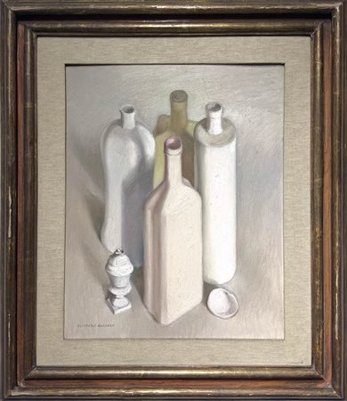 Dipinto ad olio su tela raffigurante natura morta “Bottiglie, composizione...