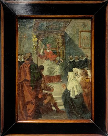 Bozzeto ad olio su tela applicata su cartoncino raffigurante cardinale assiso...