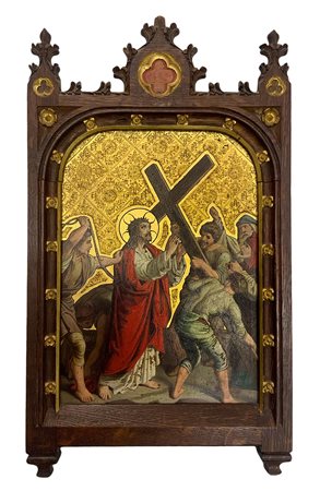 Dipinto ad olio su rame raffigurante “Via Crucis”, scena biblica, XIX secolo....