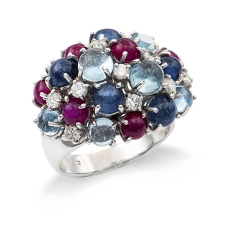 Anello in oro bianco 18kt rubini, zaffiri e acquamarinepeso 12 gr.taglio...