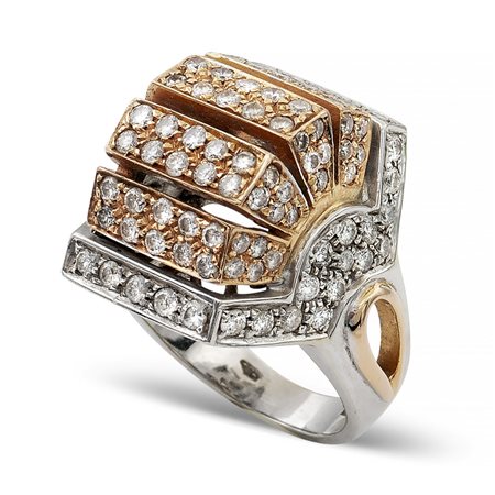 Anello a motivo geometrico in oro a due colori 18ktpeso 14 gr.pavé di...