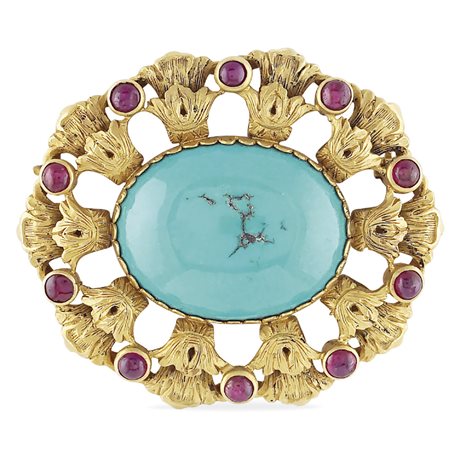 Spilla in oro giallo 18kt e turchese naturaleanni 50/60peso 19,8 gr.al centro...