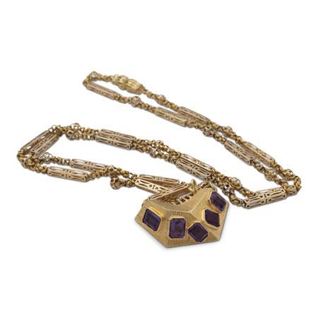 Pendente a motivo geometrico in oro giallo 18kt e ametistepeso 47 gr.taglio...