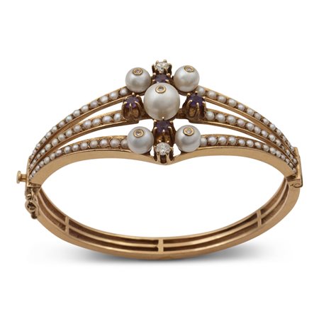 Bracciale manetta in oro giallo 14kt con perle coltivateprimi '900peso 30,8...