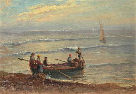 LEONARDO RODA<BR>Racconigi (CN) 1868 - 1933<BR>"Pescatori in riva al mare"