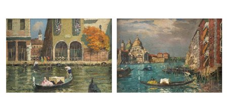 ERMA ZAGO<BR>Bovolone (VR) 1880 - 1942 Milano<BR>"Coppia di vedute veneziane con gondole"