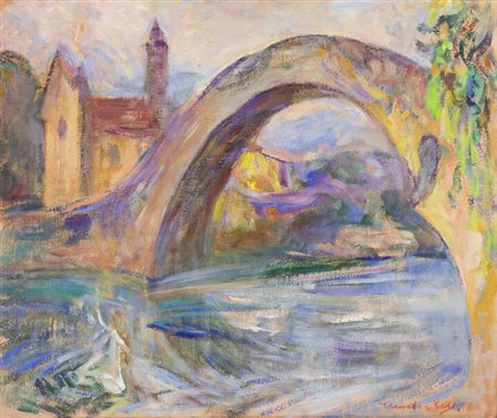 MARIO MICHELETTI<BR>Balzola Monferrato (AL) 1888 - 1975 Torino<BR>"Ponte romano a Dolceacqua"