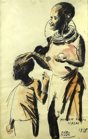 PIERO MONTI<BR>Torino 1910 - 1994<BR>"Madre e figlio Masai" 1958