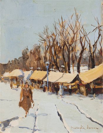 EDMONDO MANEGLIA<BR>Koziu (Turchia) 1925 - 2003 Torino<BR>"Mercato sotto la neve"