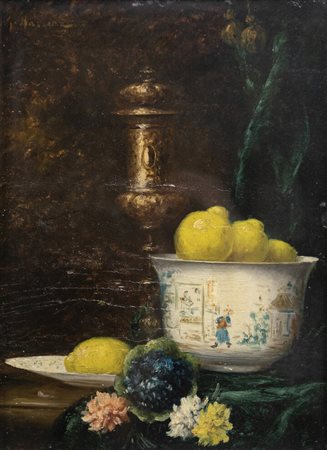GUSTAVE BARRIER<BR>Parigi 1870 - 1953 Neuilly-le-Réal<BR>"Natura morta con limoni e fiori"