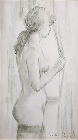 SERGIO UNIA<BR>Roccaforte di Mondovì (CN) 1943<BR>"Nudo con calze alla finestra" 1991