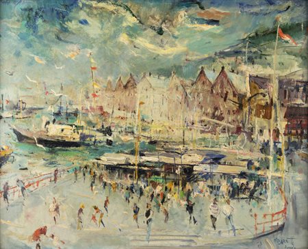MICHELE BARETTA<BR>Vigone (TO) 1916 - 1987<BR>"Mercato del pesce a Bergen" 1973