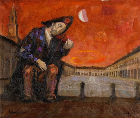 Trento Longaretti (1916-2017), Povero violinista nella Piazza Ducale di Vigevano, 1992