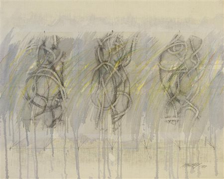 Noriaki Takahashi (1946) SPAZIO CON CORDE I olio, collage e tecnica mista su...