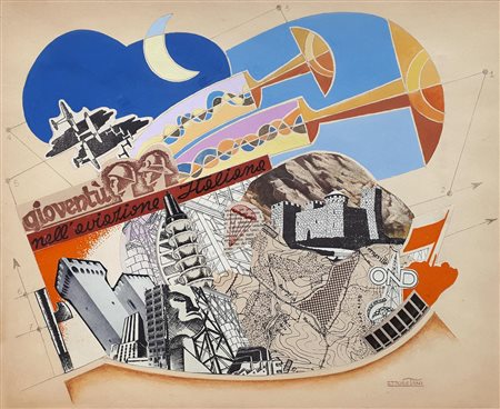 Ettore Tani AEREOPITTURA tempera e collage su cartoncino, cm 31x25 firma