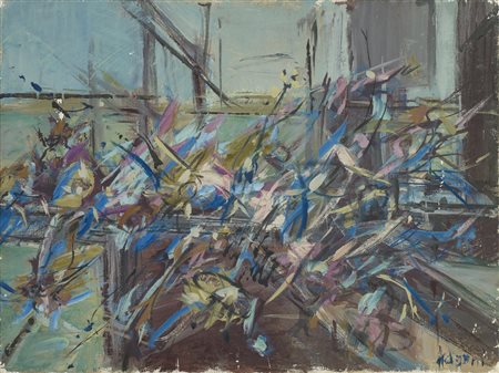 Umberto Mariani (1936) FIORI, FINESTRA E PAESAGGIO olio su tela, cm 30x40...