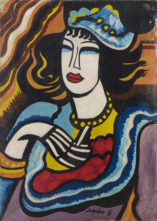 Hugo Scheiber (1873 - 1950) DONNA CON CAPPELLINO E SIGARETTA olio su tela, cm...