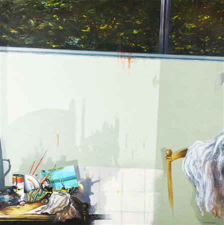 Giuseppe Giannini (1937) INTERNO DI NOTTE acrilico su tela, cm 100x100 sul...