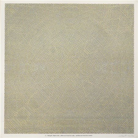 Sol LeWitt "Red grid, black circles, yellow arcs from four sides, and blue arcs