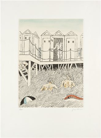 Giorgio de Chirico "Conversazione nei bagni" 1973
acquaforte- acquatinta a color