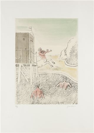 Giorgio de Chirico "L'arrivo del centauro" 1973
acquaforte - acquatinta a colori