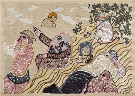 Enrico Baj "La Bagnaide" 1972
multiplo in ricamo di paillettes su damasco
cm 84x